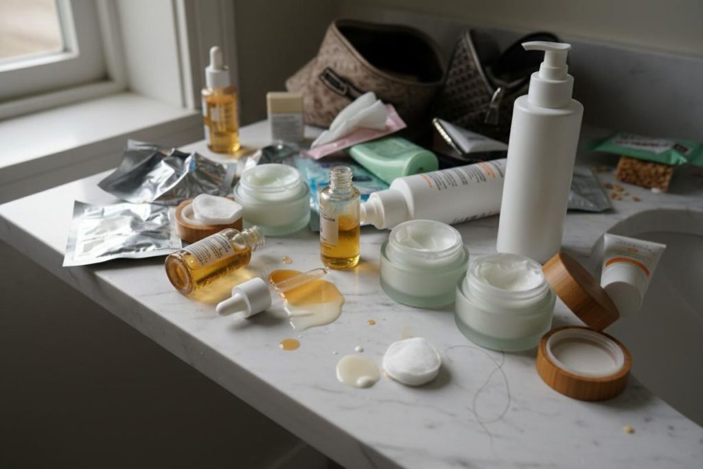 Woman feeling overwhelmed after trying multiple acne products without lasting results.