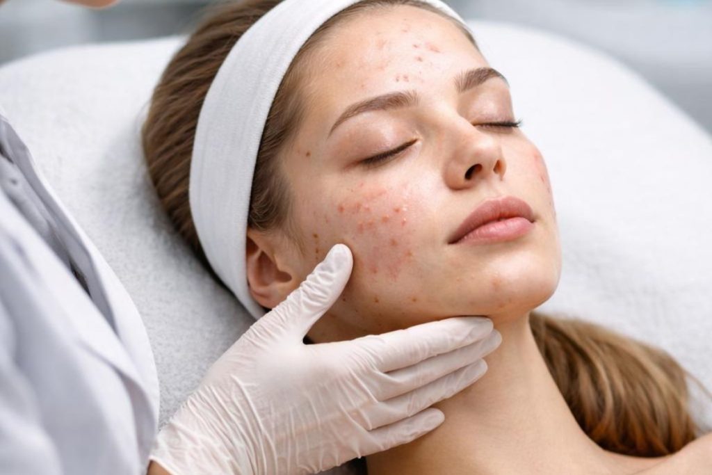 Acne specialist examining a client's skin to identify the type and causes of persistent breakouts.