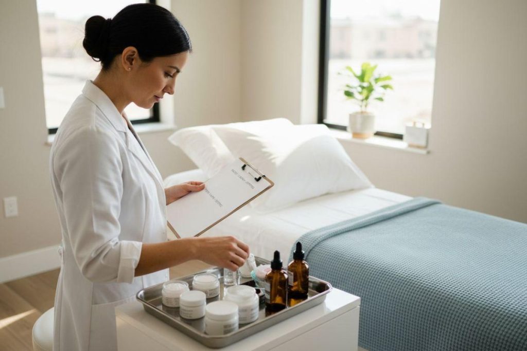 Esthetician preparing personalized homecare products for an acne treatment plan