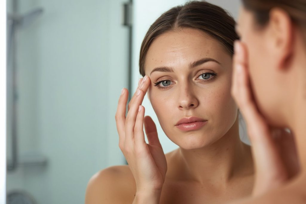 Woman noticing closed comedones and uneven skin texture on her forehead