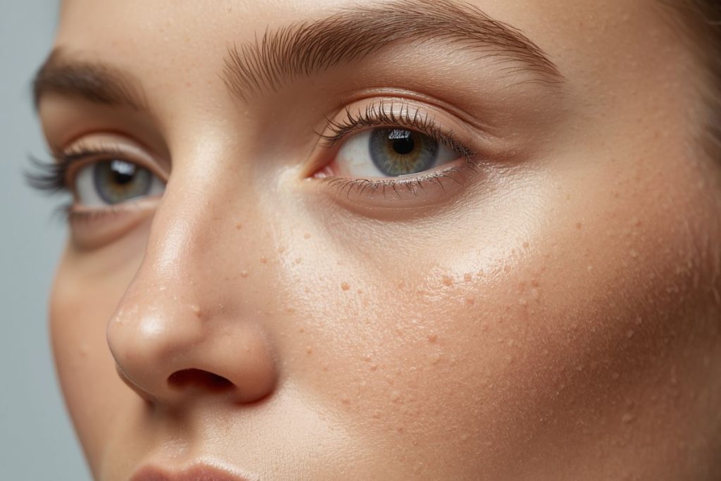 Close-up of closed comedones on the forehead and cheeks